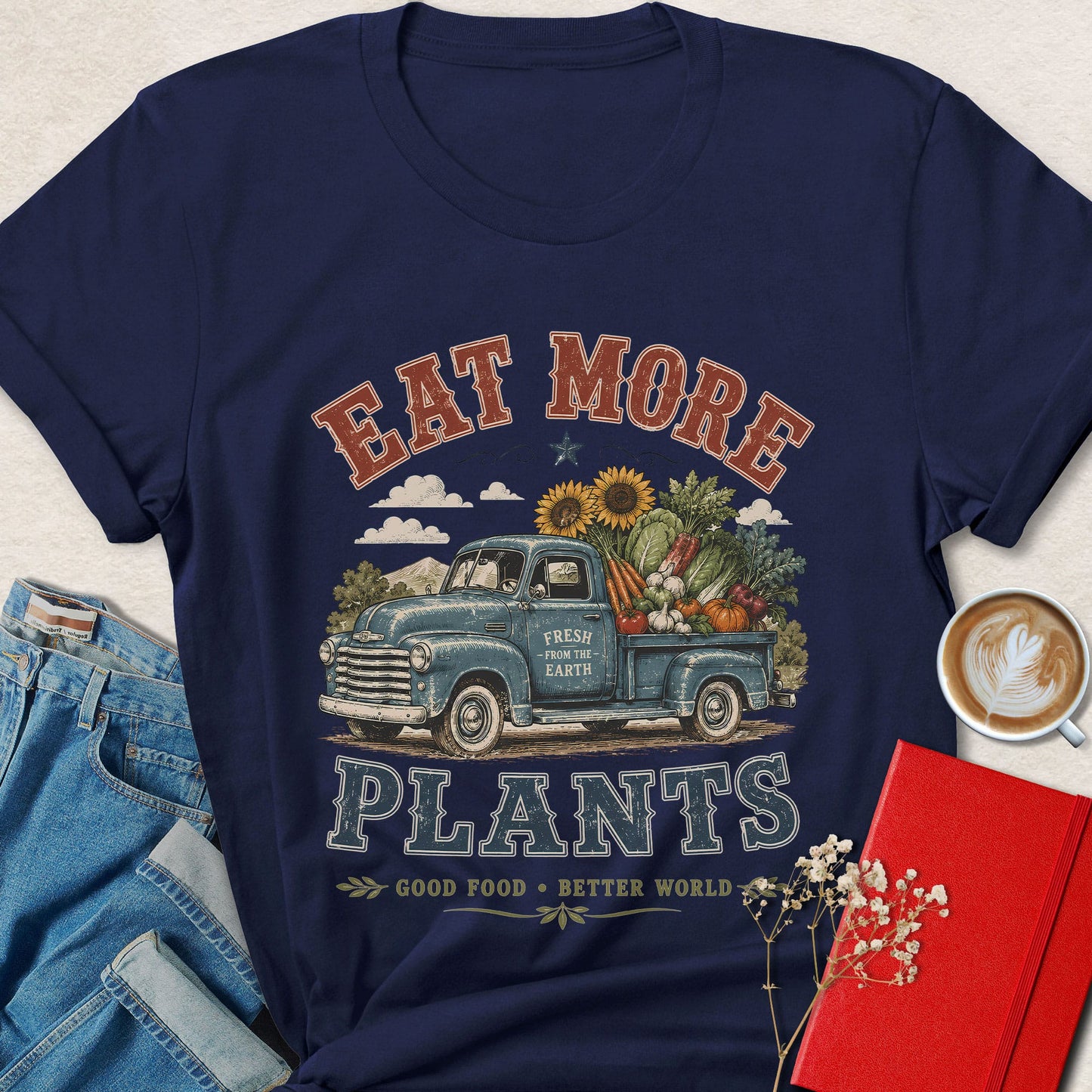 Eat More Plants Vintage Vegan Farm Truck Graphic Shirt