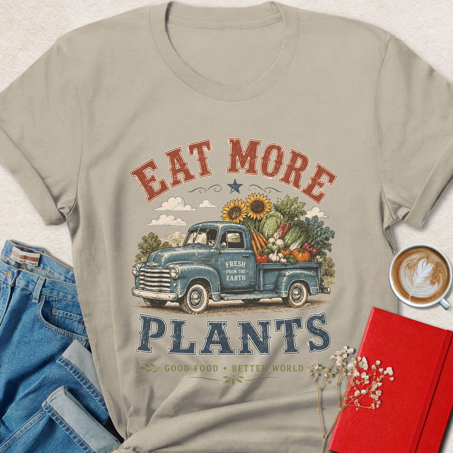 Eat More Plants Vintage Vegan Farm Truck Graphic Shirt