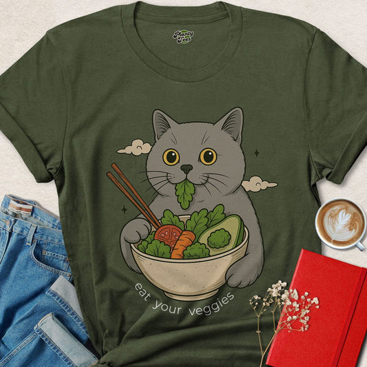 Cat Eating Veggie Bowl T-Shirt