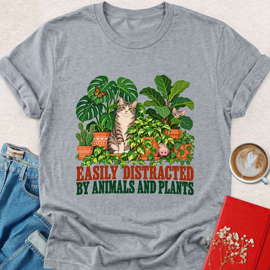 Sport grey t-shirt with cat and plants graphic, Easily Distracted print