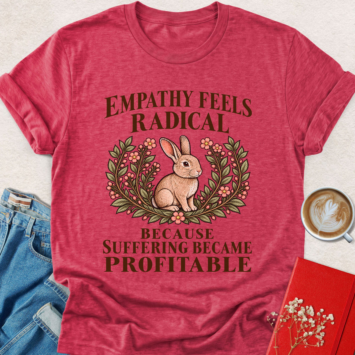 Heather red graphic T-shirt with rabbit in floral wreath and slogan on front