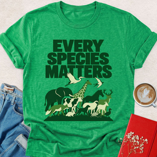 Bright green T-shirt with green animal silhouette and 'Every Species Matters' text