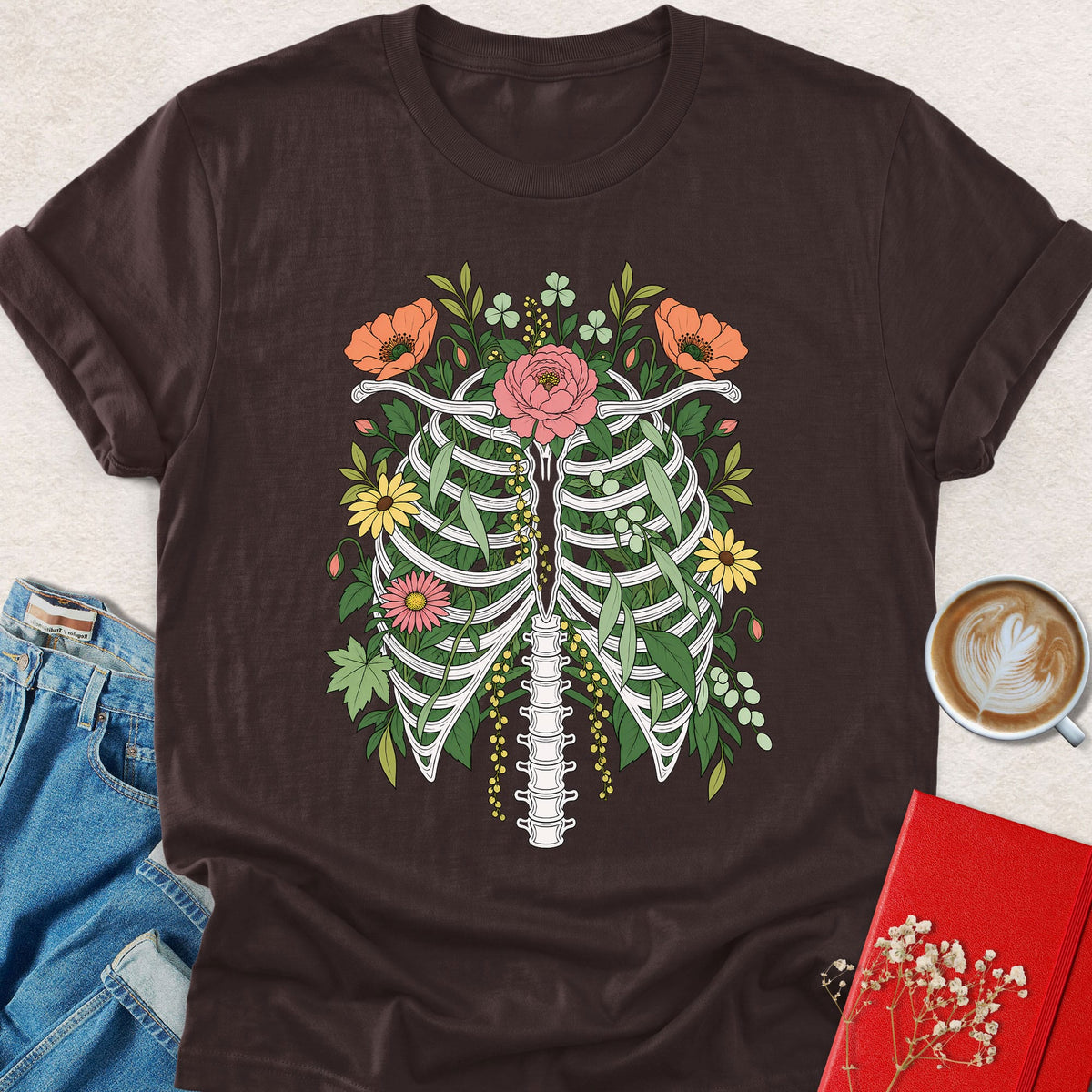 Floral ribcage graphic t-shirt in dark brown with colorful botanical floral ribcage art