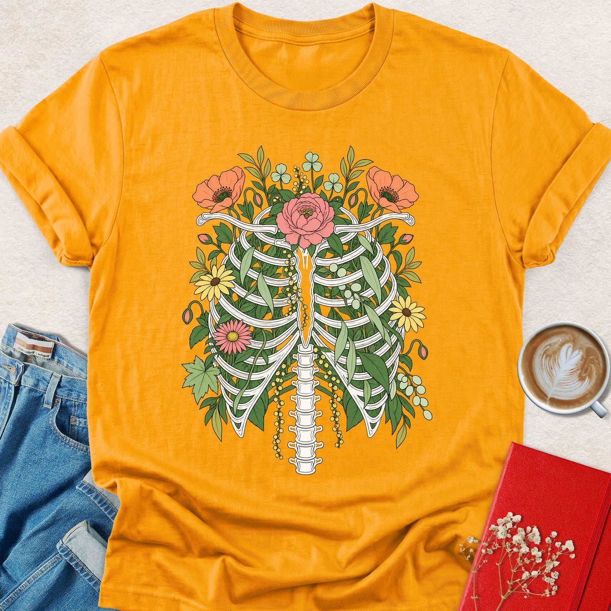 Floral ribcage graphic t-shirt in gold with colorful botanical rose print