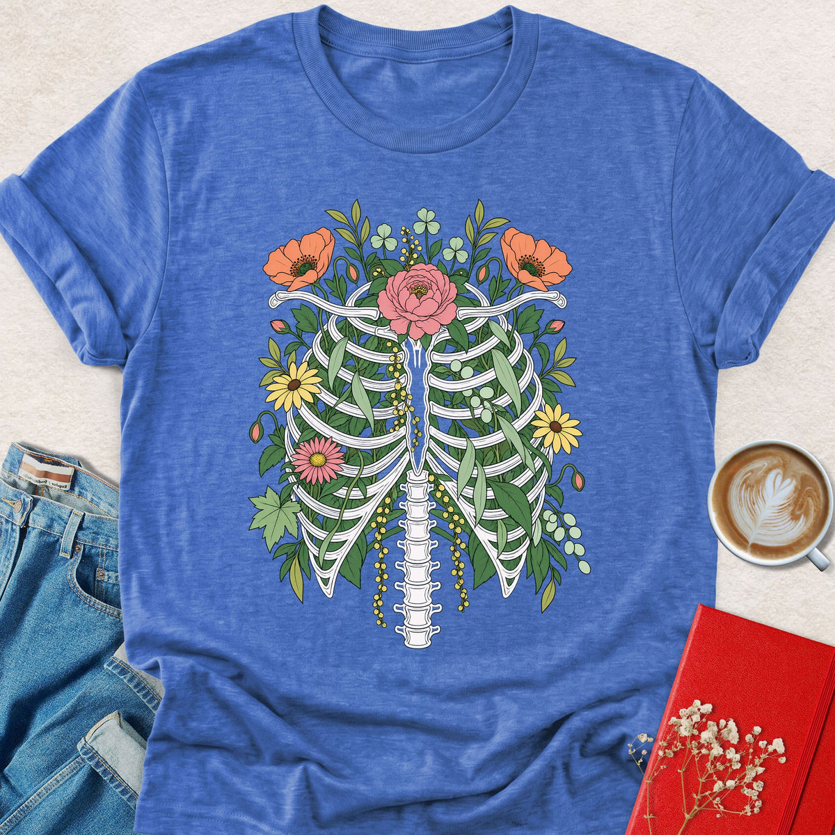 Floral ribcage graphic t-shirt in blue with botanical rose-and-leaf print