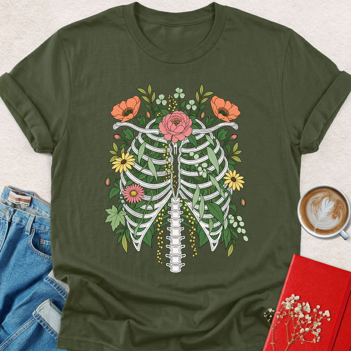 Floral ribcage graphic t-shirt in military green with floral botanical ribcage illustration