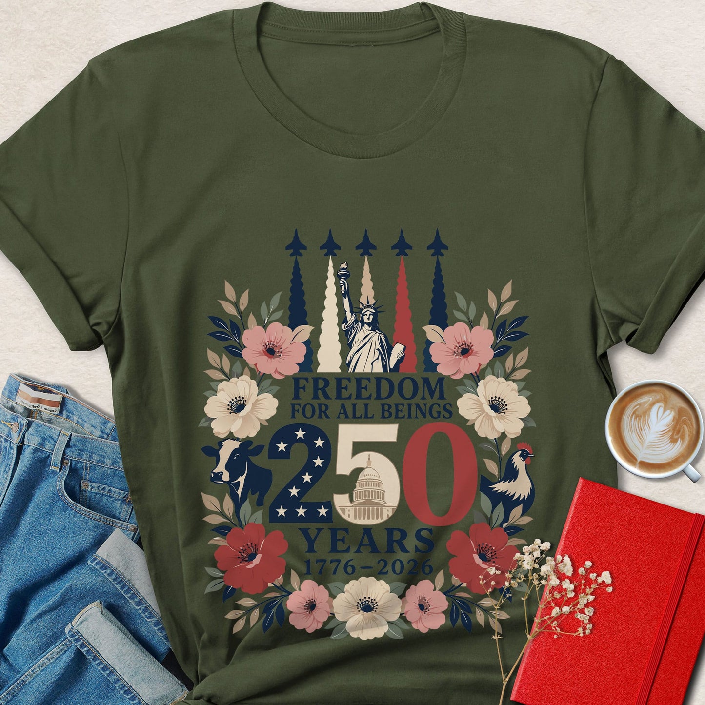 Freedom For All Beings 250 Years Vegan Patriotic T-Shirt
