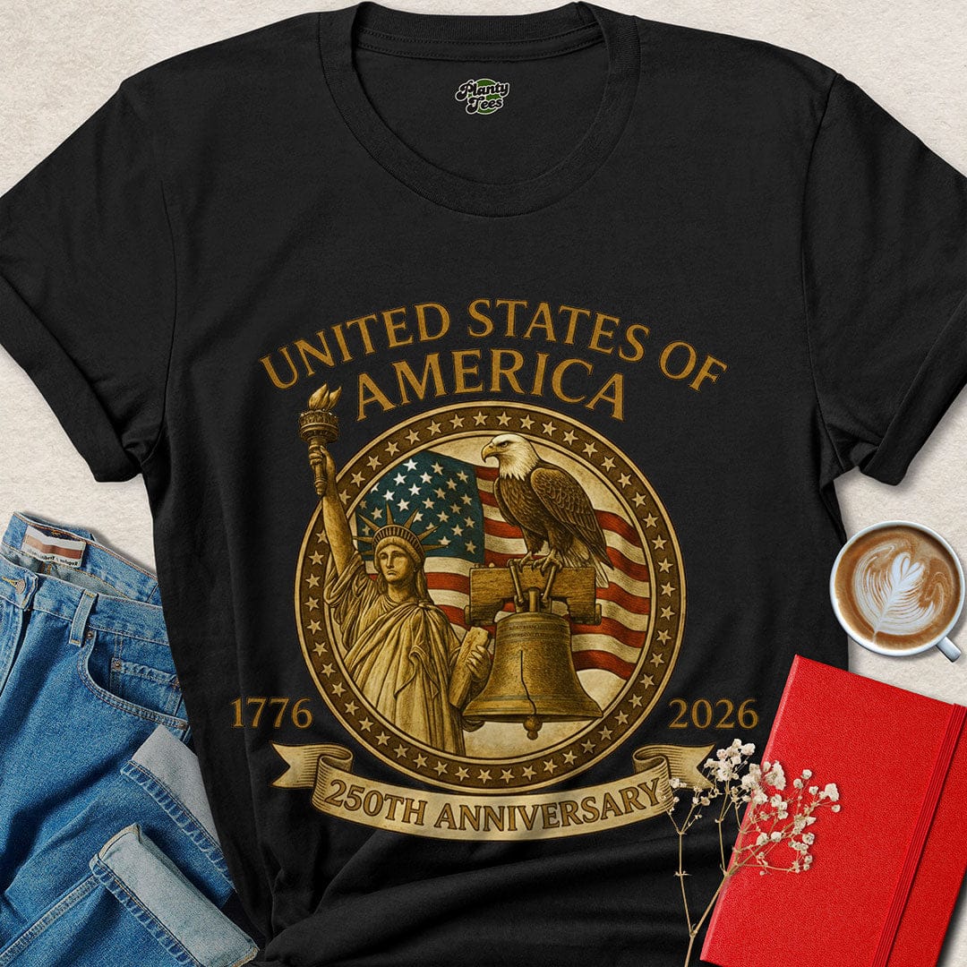 USA 250th Anniversary Golden Emblem T-Shirt – Liberty, Eagle & Flag Design | Celebrate America 2026
