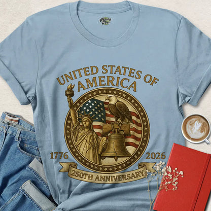 USA 250th Anniversary Golden Emblem T-Shirt – Liberty, Eagle & Flag Design | Celebrate America 2026