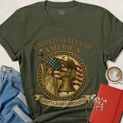 USA 250th Anniversary Golden Emblem T-Shirt – Liberty, Eagle & Flag Design | Celebrate America 2026