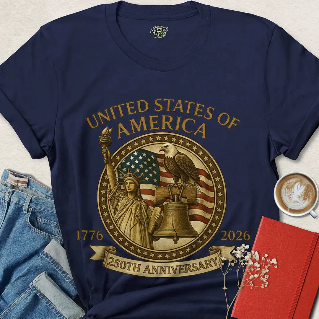 USA 250th Anniversary Golden Emblem T-Shirt – Liberty, Eagle & Flag Design | Celebrate America 2026