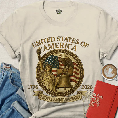 USA 250th Anniversary Golden Emblem T-Shirt – Liberty, Eagle & Flag Design | Celebrate America 2026