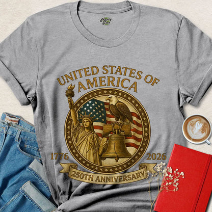 USA 250th Anniversary Golden Emblem T-Shirt – Liberty, Eagle & Flag Design | Celebrate America 2026