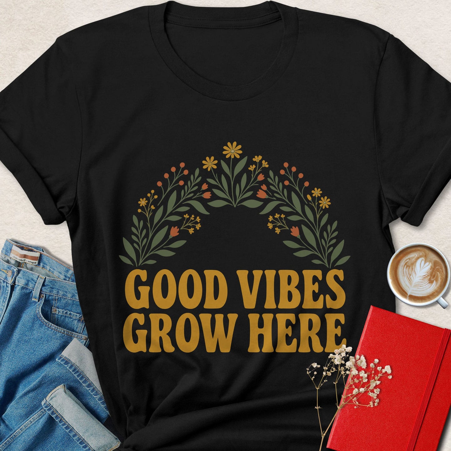 Good Vibes Grow Here Vegan Shirt | Retro Floral Apparel