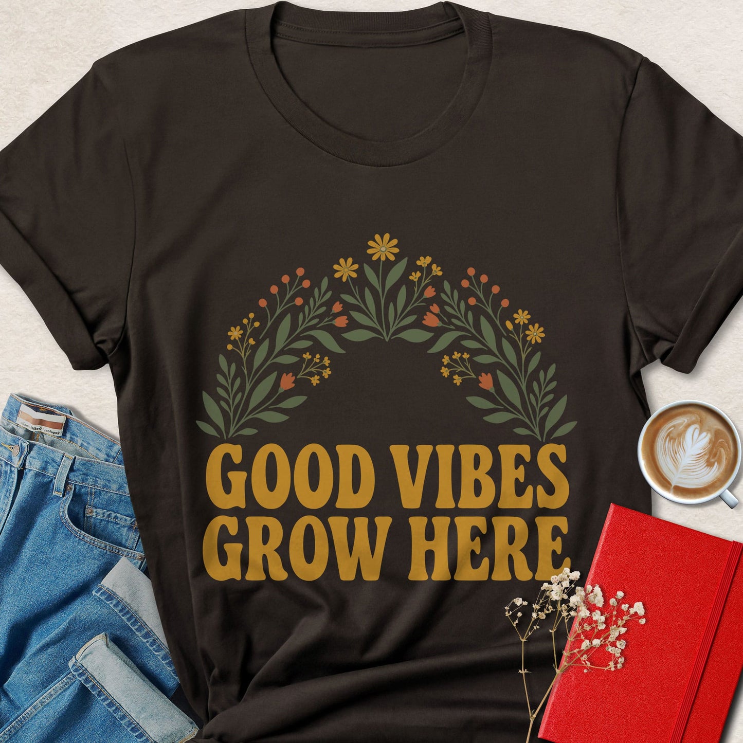 Good Vibes Grow Here Vegan Shirt | Retro Floral Apparel