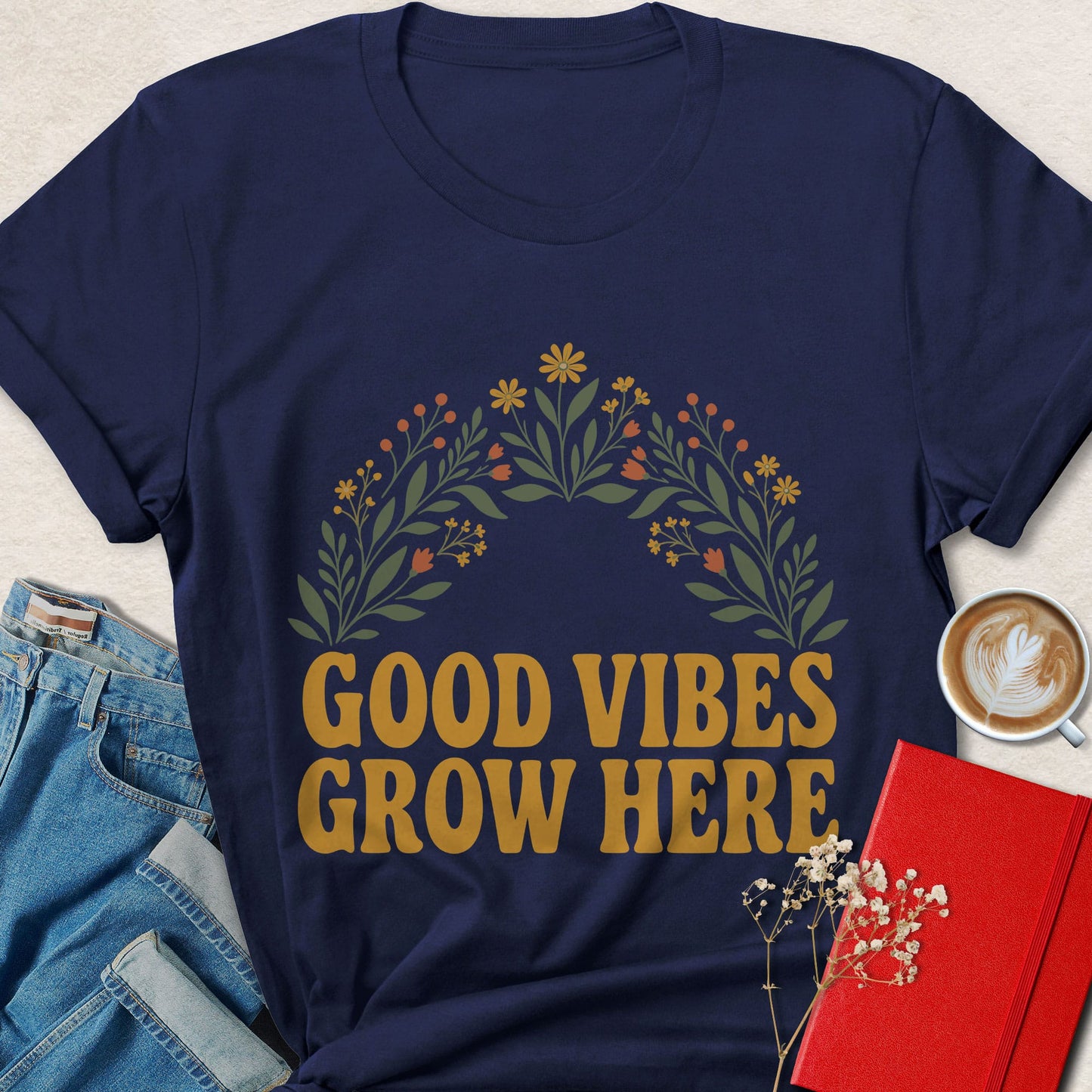 Good Vibes Grow Here Vegan Shirt | Retro Floral Apparel