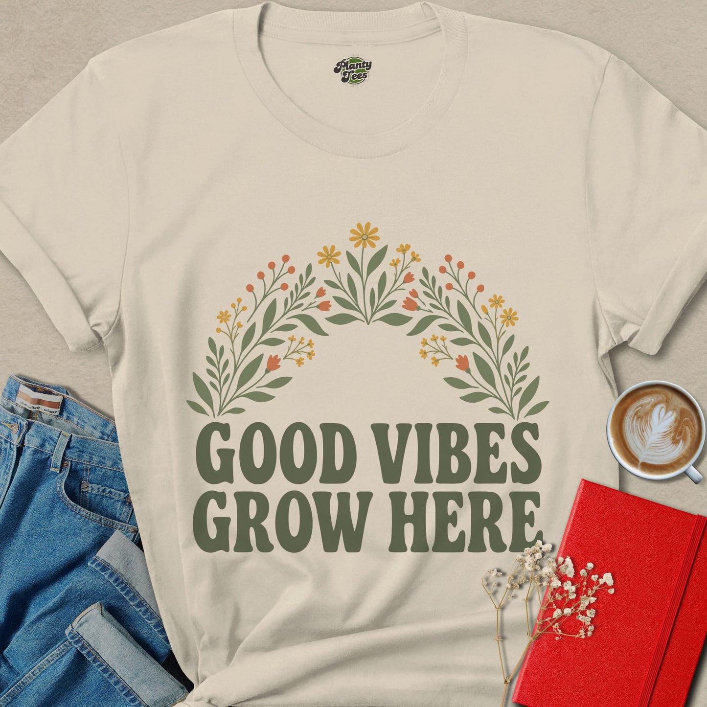 Good Vibes Grow Here Vegan Shirt | Retro Floral Apparel