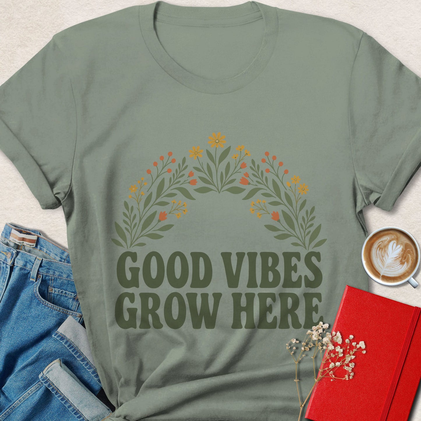 Good Vibes Grow Here Vegan Shirt | Retro Floral Apparel