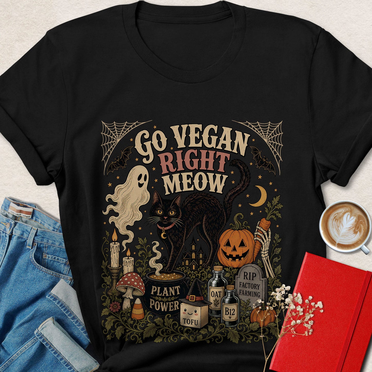 Go Vegan Right Meow Cat Vegan Halloween T-Shirt