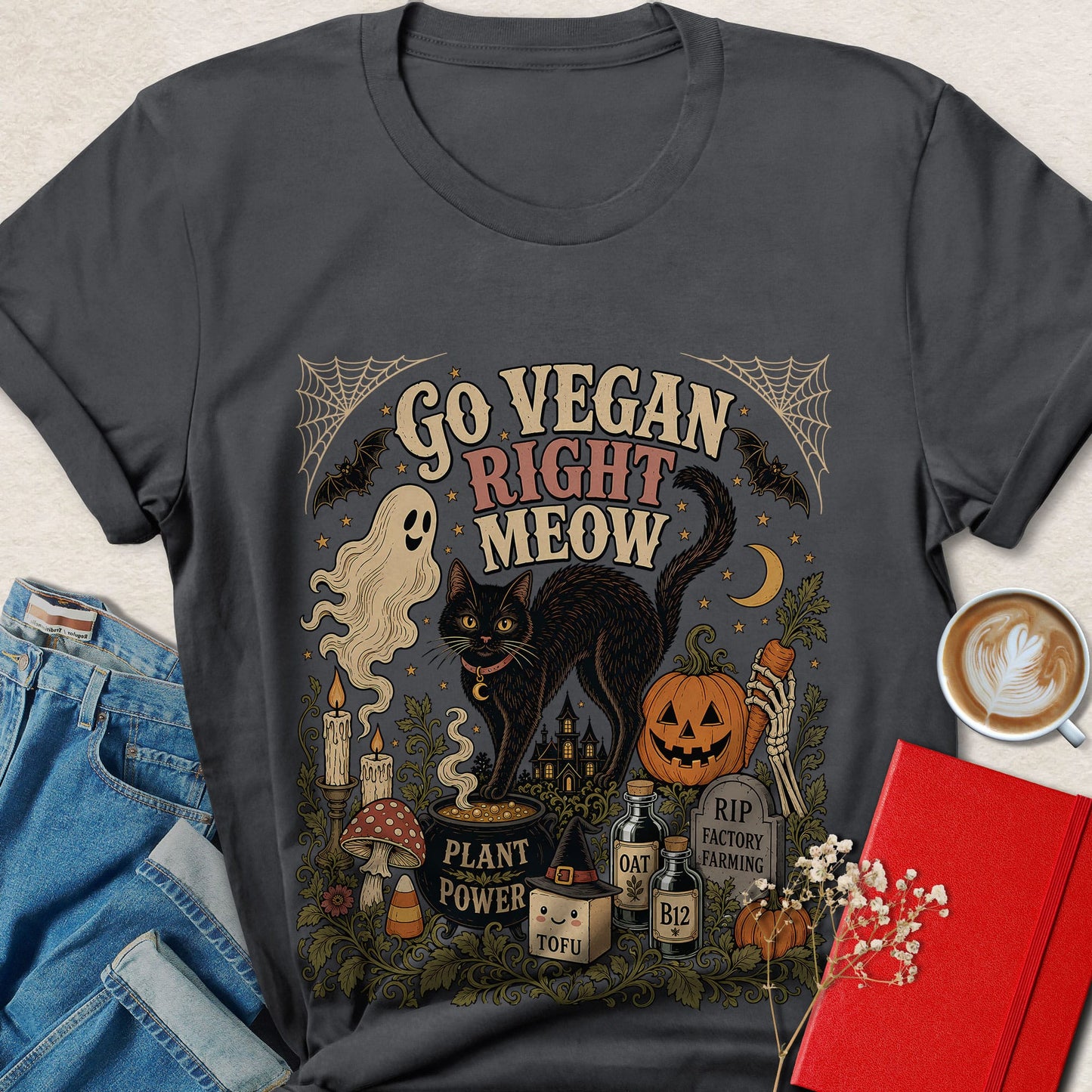 Go Vegan Right Meow Cat Vegan Halloween T-Shirt