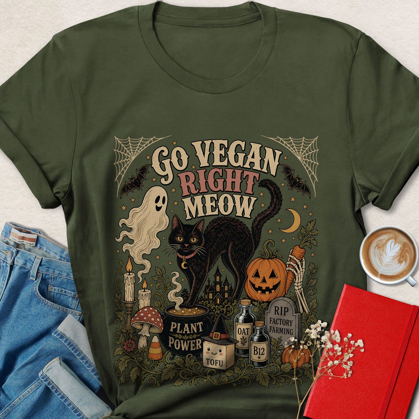 Go Vegan Right Meow Cat Vegan Halloween T-Shirt