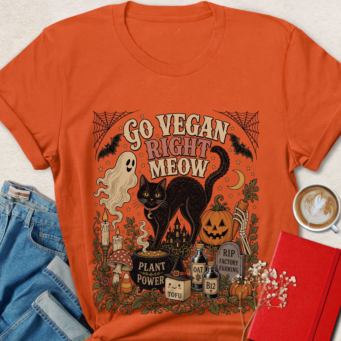 Go Vegan Right Meow Cat Vegan Halloween T-Shirt