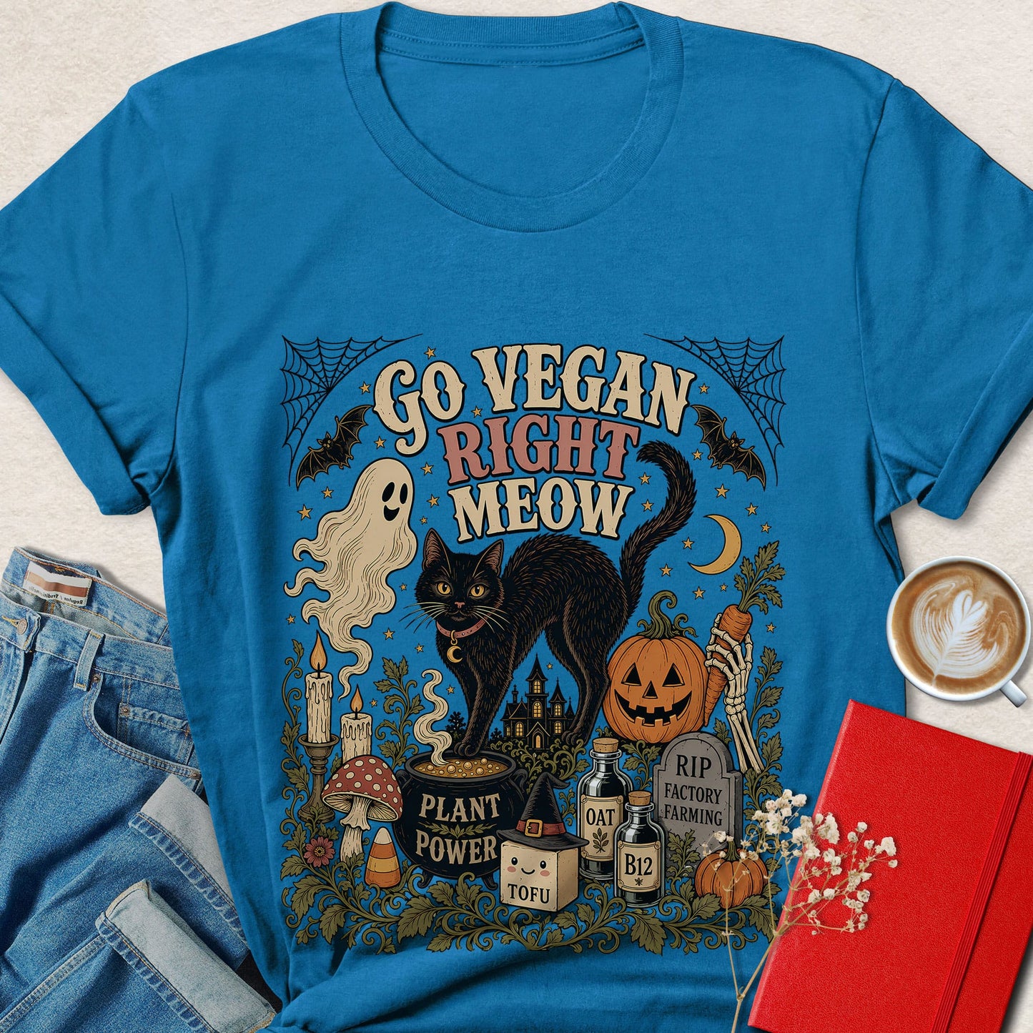 Go Vegan Right Meow Cat Vegan Halloween T-Shirt