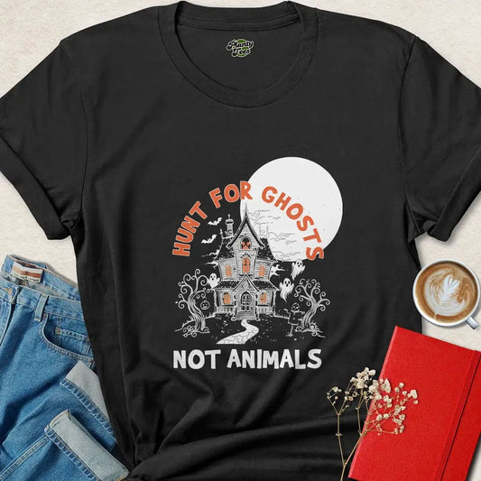 Black crewneck T-shirt with white 'Not Animals' and ghost castle graphic