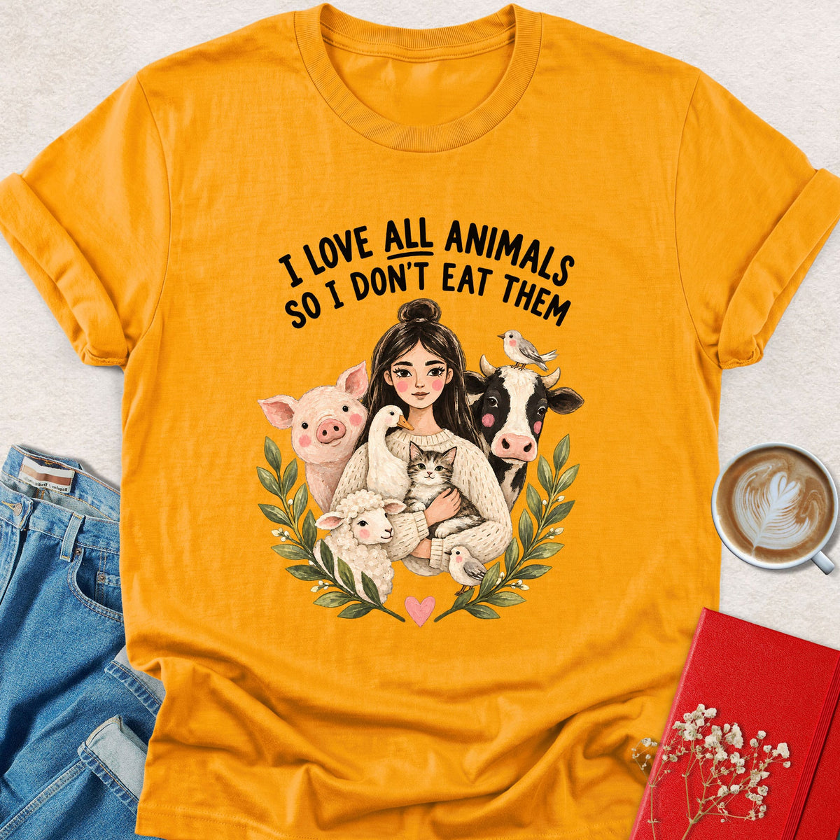 Gold vegan graphic T-shirt with animal wreath and 'I love all animals' text