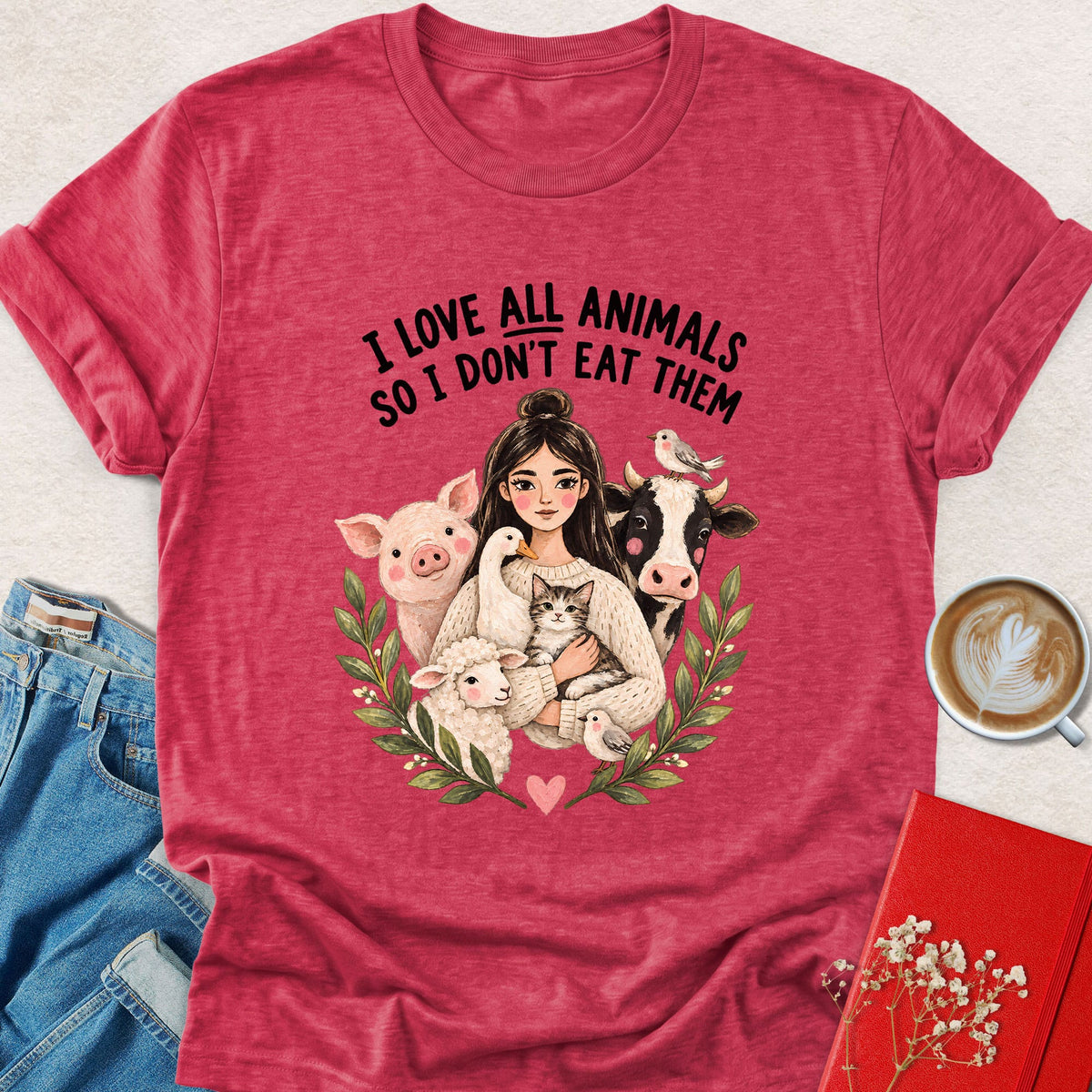 Heather red vegan graphic T-shirt with animal wreath and 'I love all animals' text