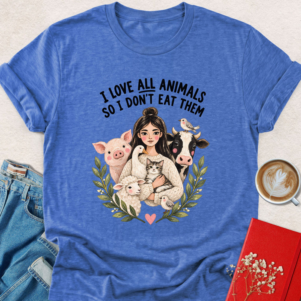 Royal blue vegan graphic T-shirt with animal wreath and 'I love all animals' text