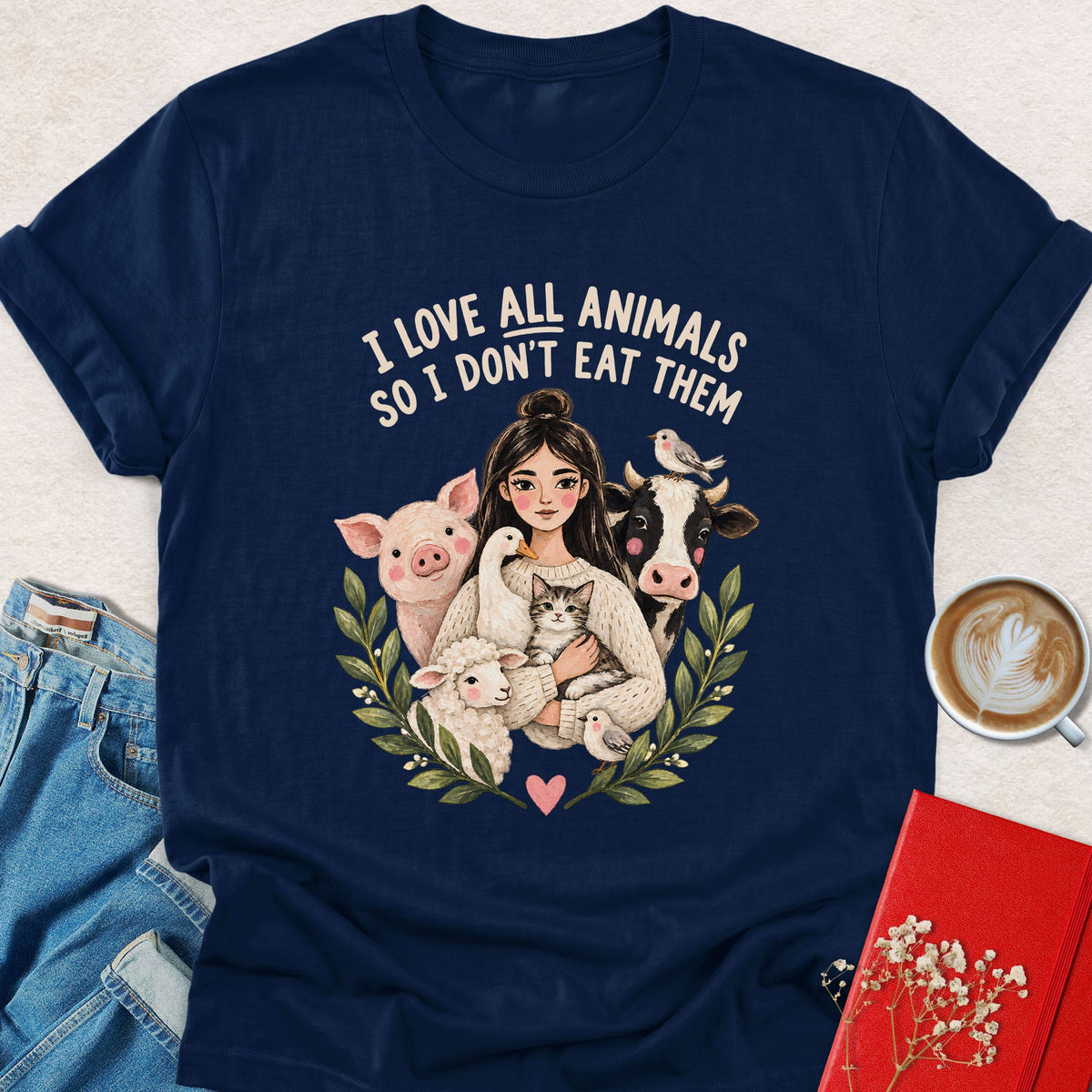 Navy vegan graphic T-shirt with animal wreath and 'I love all animals' text