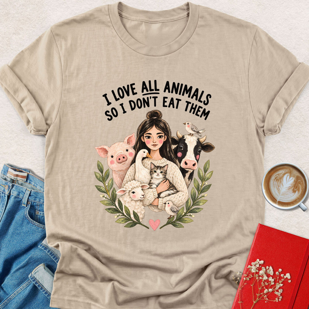 Sand vegan graphic T-shirt with animal wreath and 'I love all animals' text