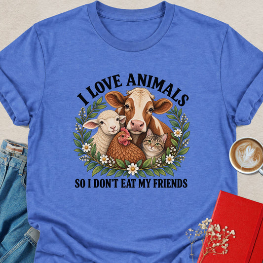 Blue T-shirt with I Love Animals animal wreath graphic and S O I D O N ' T text