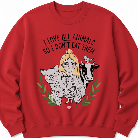 Red unisex sweatshirt with front graphic of girl and animals, crewneck pullover