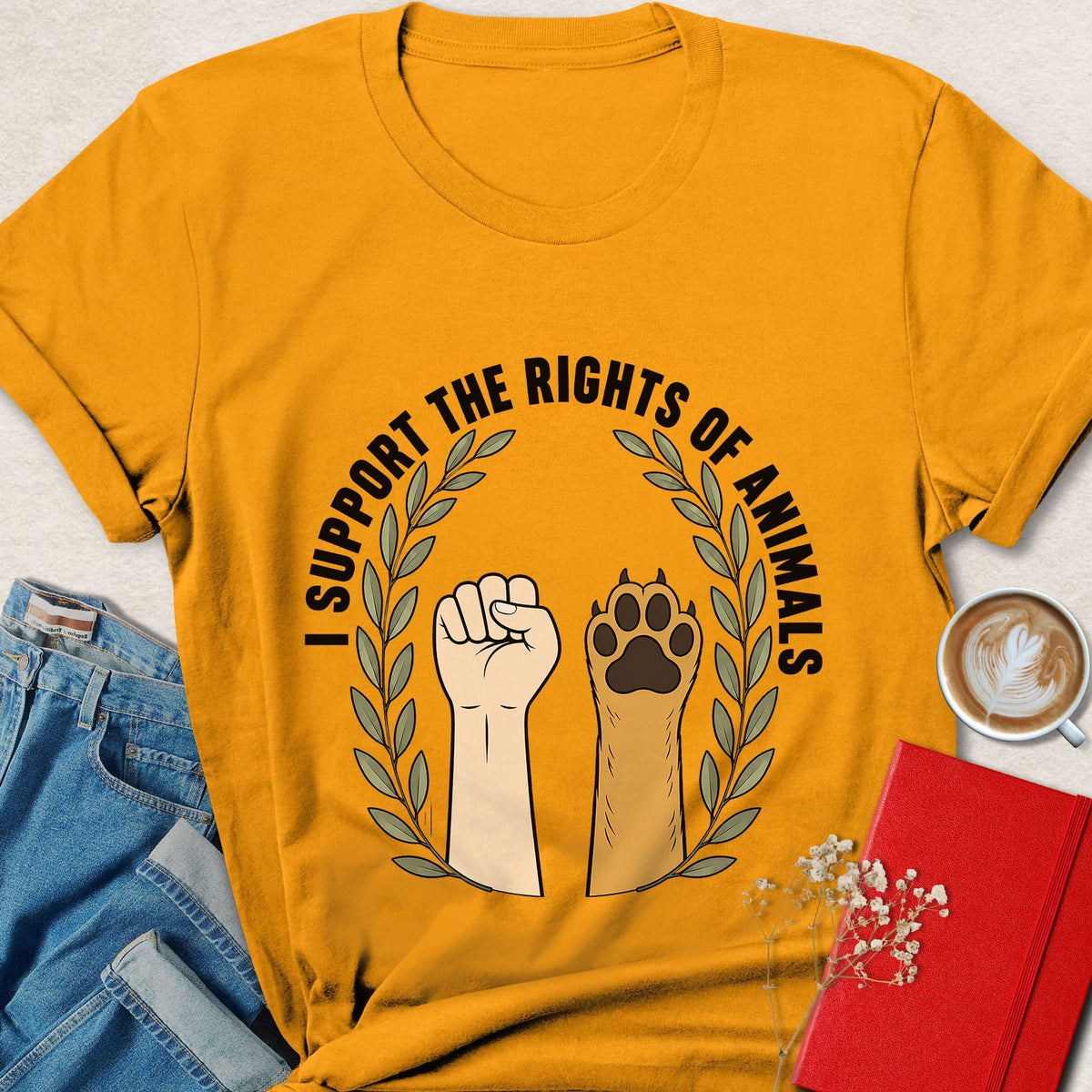Gold crewneck T-shirt with animal rights hands and paws graphic