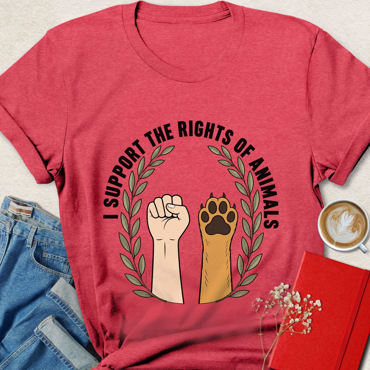 Red crewneck T-shirt with animal rights hands and paws graphic
