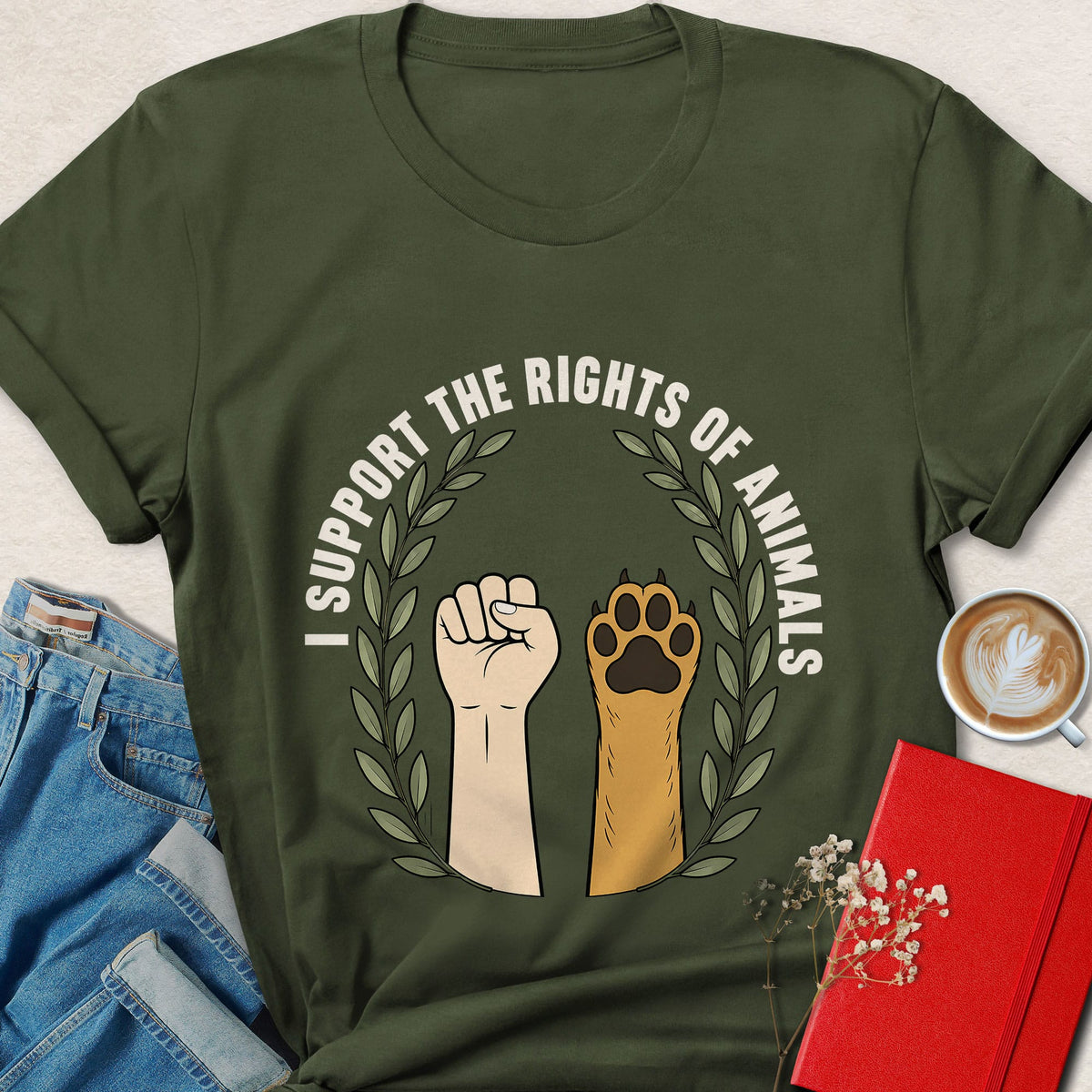 Dark green crewneck T-shirt with animal rights hands and paws graphic