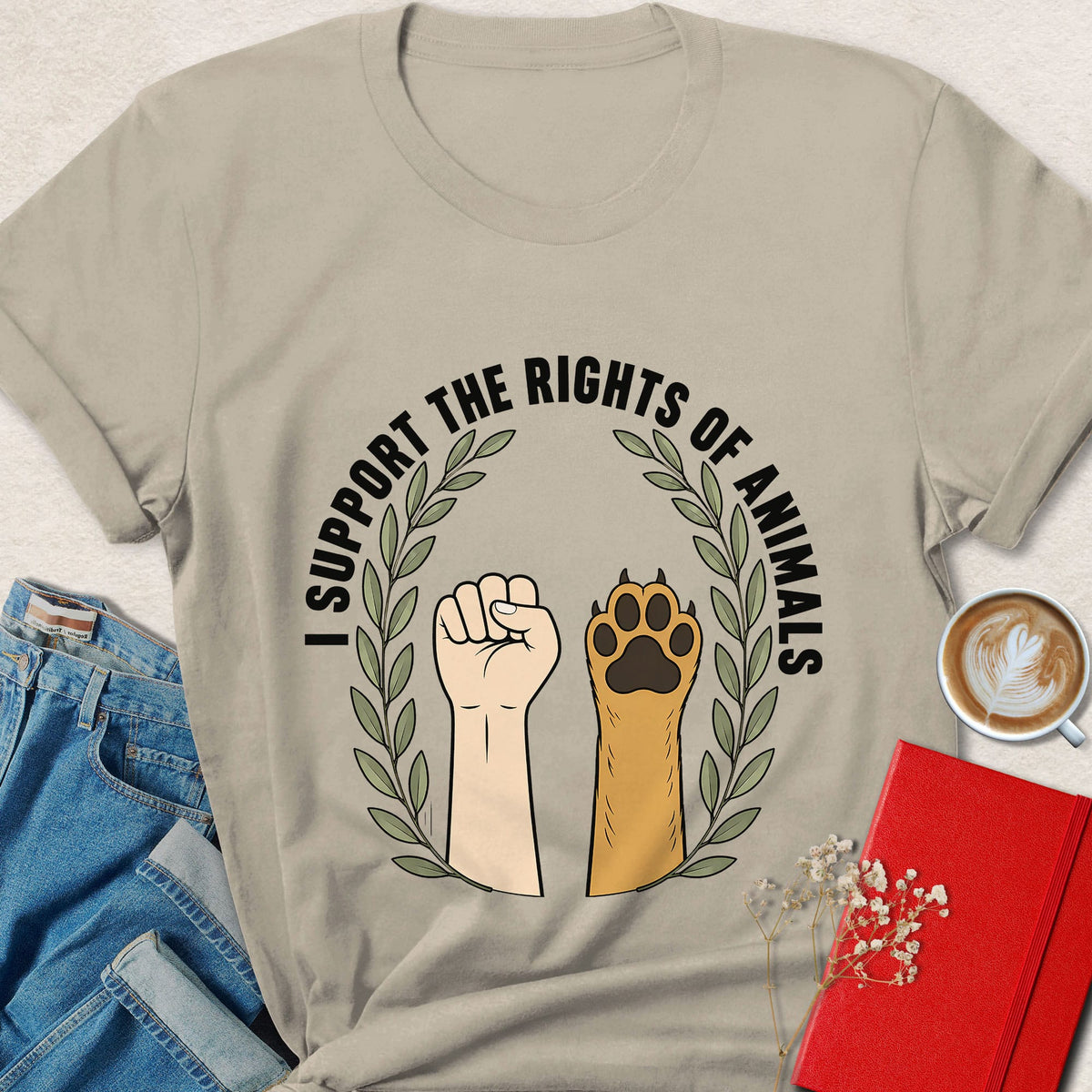 Light gray crewneck T-shirt with animal rights hands and paws graphic