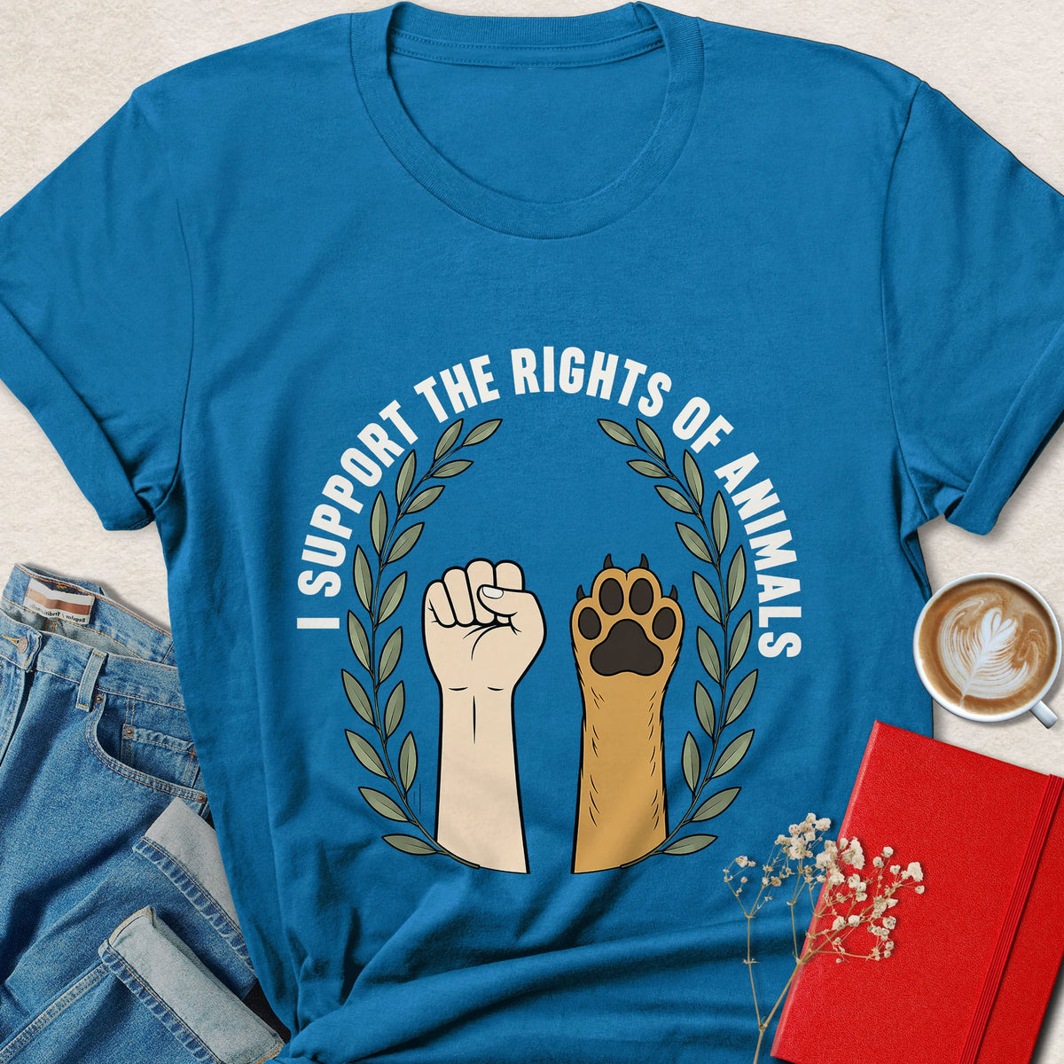 Blue crewneck T-shirt with animal rights hands and paws graphic