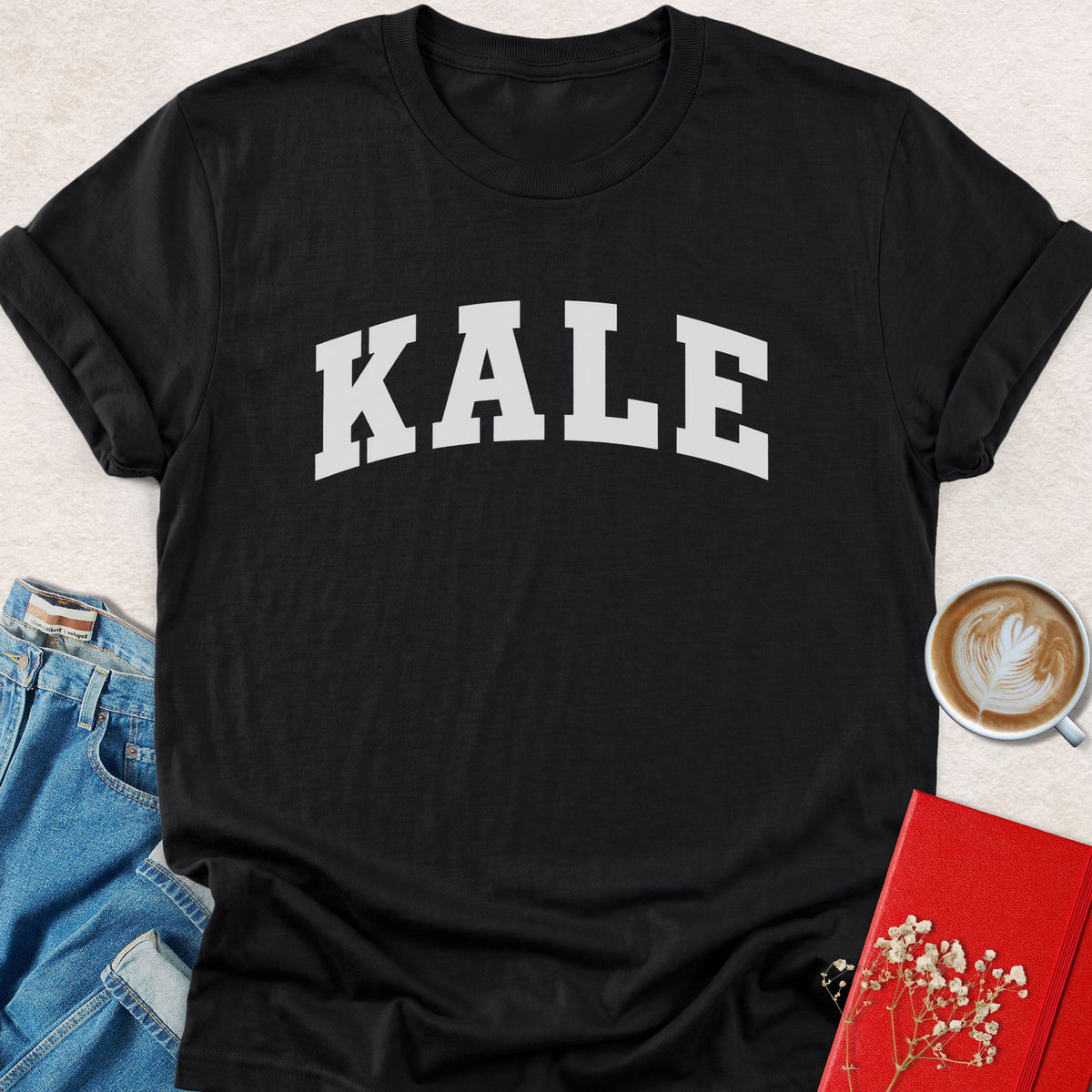 Black crewneck vegan t-shirt with KALE varsity-style logo print