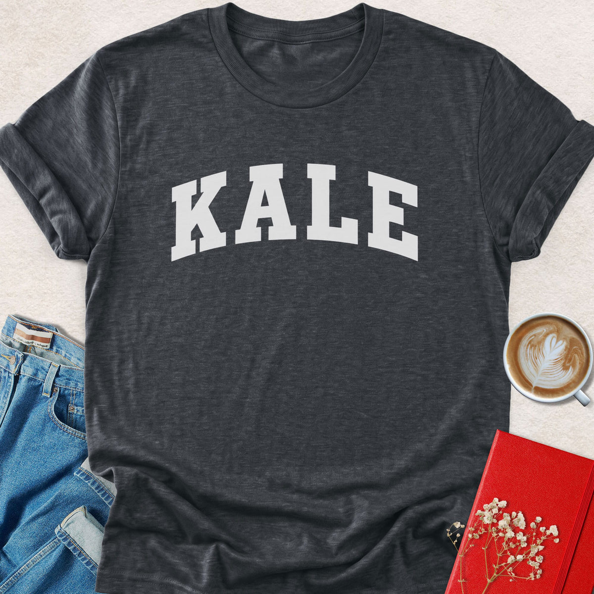 Dark charcoal crewneck vegan t-shirt with KALE varsity-style logo print
