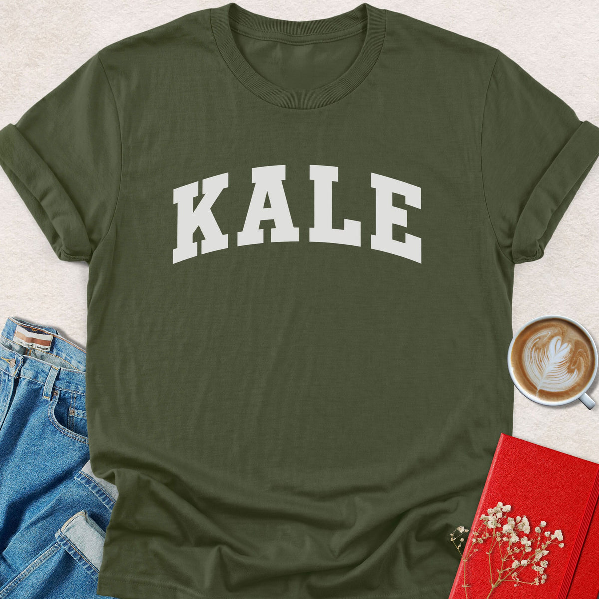 Olive green crewneck vegan t-shirt with KALE varsity-style logo print