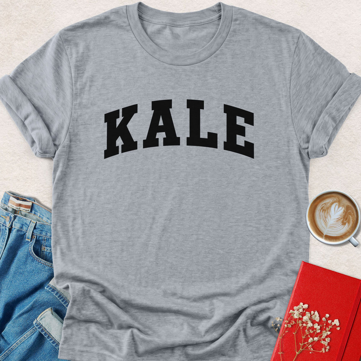 Light gray heather crewneck vegan t-shirt with KALE varsity-style logo print