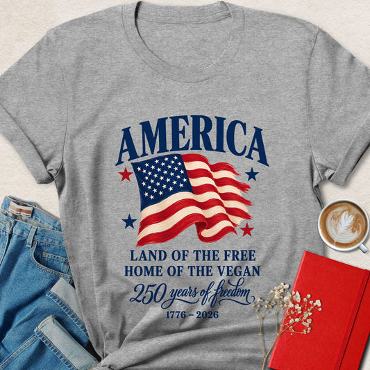 Patriotic vegan shirt with American flag and Land of the Free Home of the Vegan slogan.