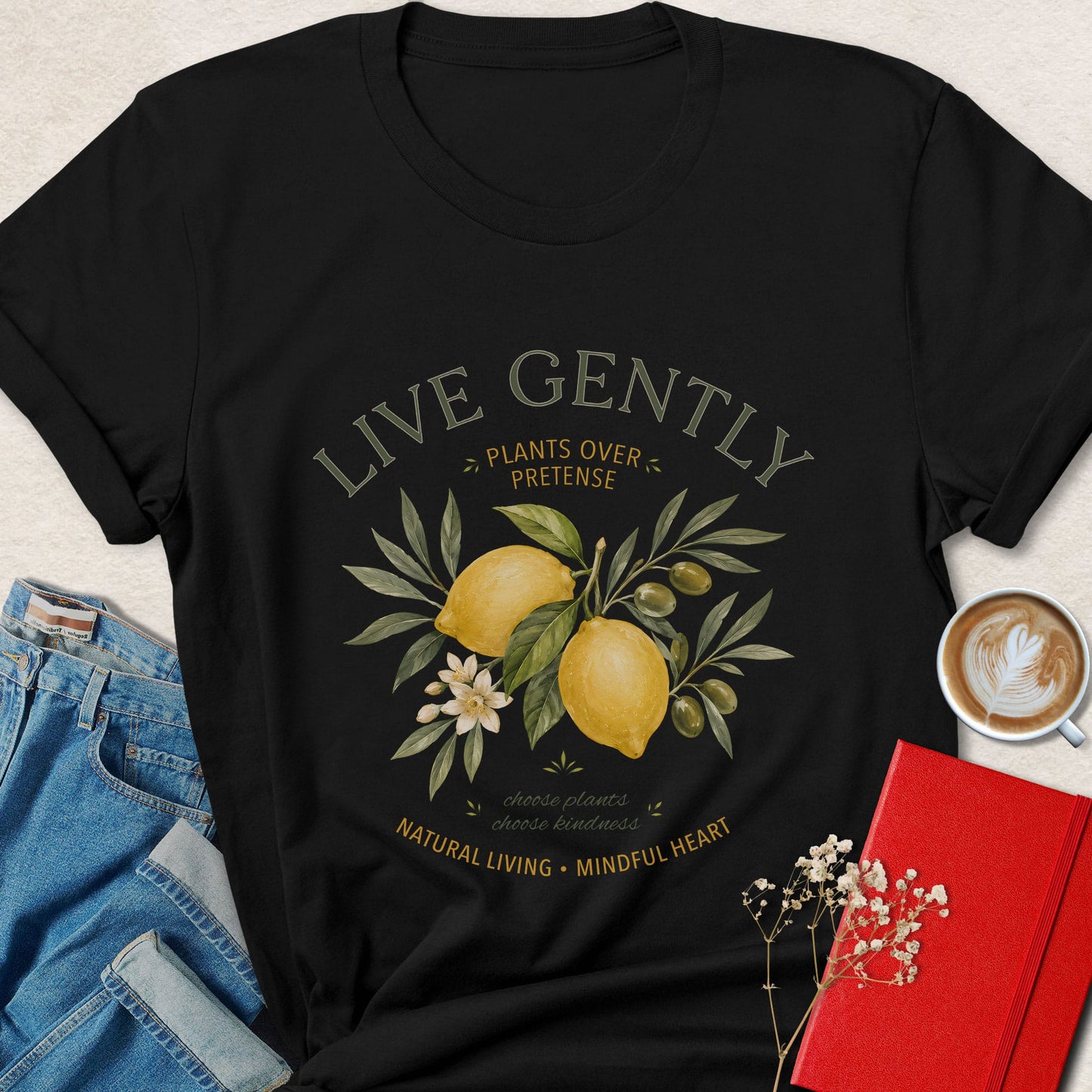 Live Gently Vegan Botanical Plant Based Graphic Shirt