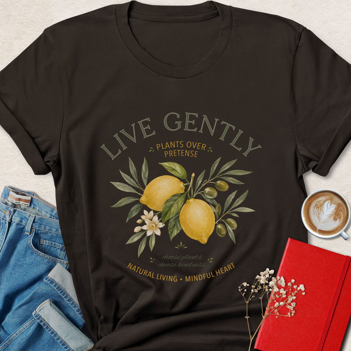Live Gently Vegan Botanical Plant Based Graphic Shirt
