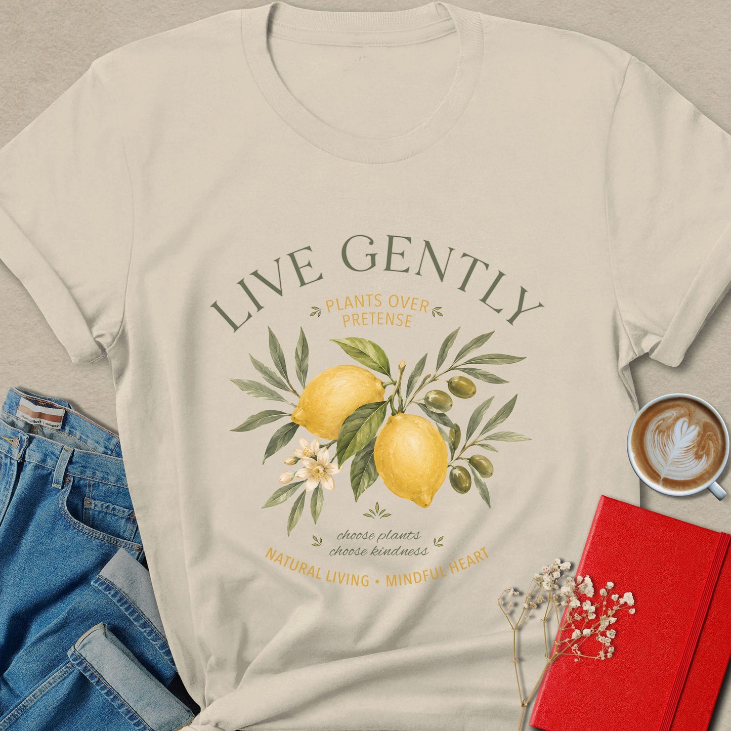 Live Gently Vegan Botanical Plant Based Graphic Shirt