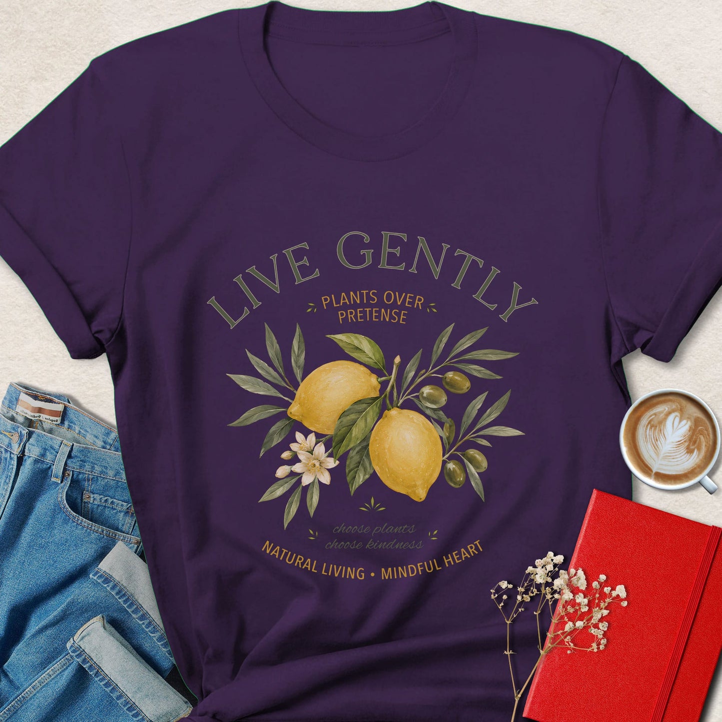 Live Gently Vegan Botanical Plant Based Graphic Shirt