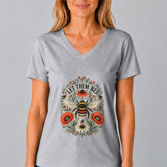 Sport grey V-neck t-shirt with bee-and-floral graphic on the front